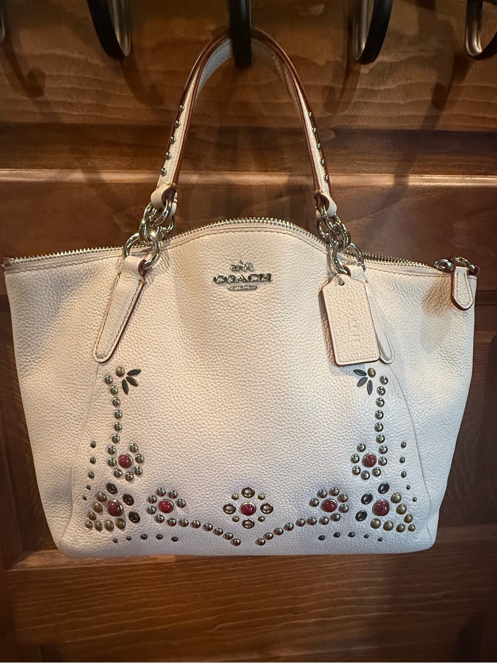 Coach Cream Pebbled Leather Studded Satchel with Jewel Accents
